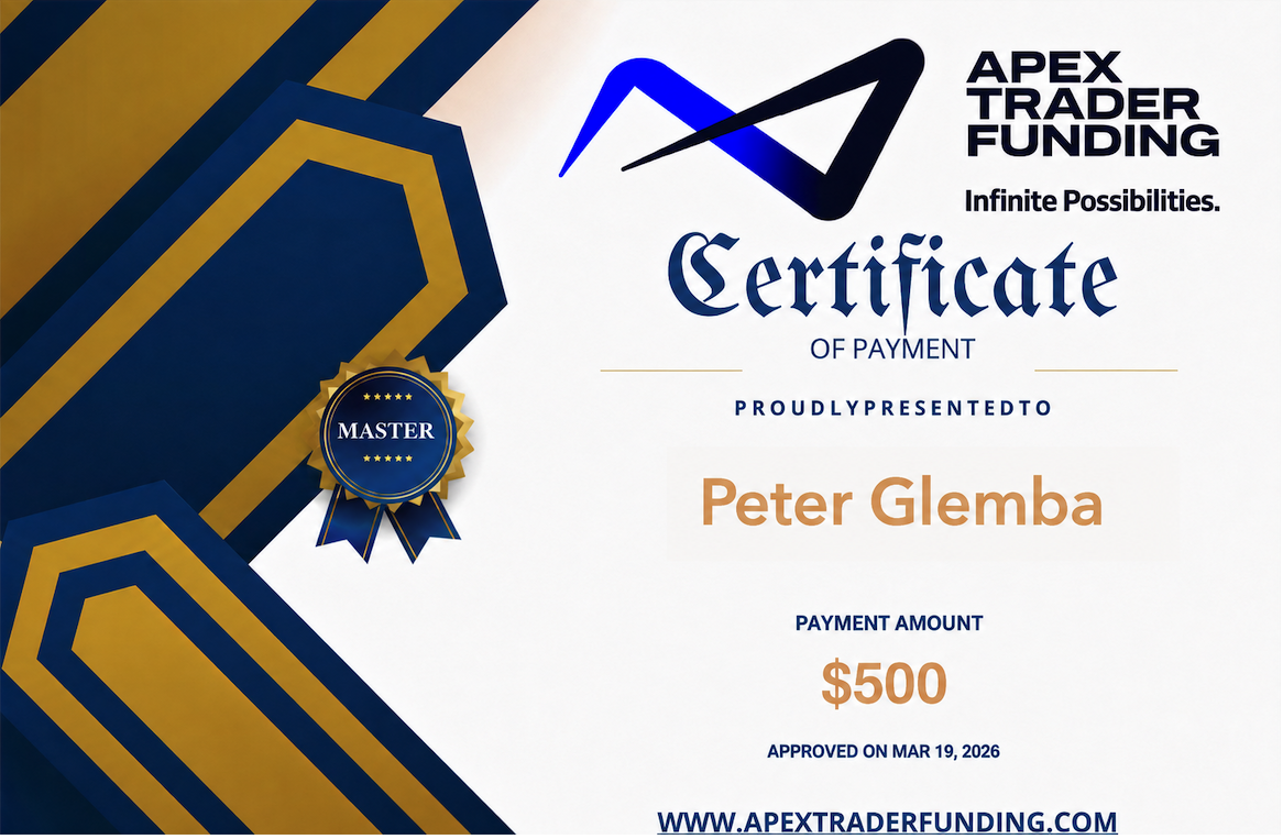 Peter Glemba Apex Trader Funding payout 500 USD schválený 19. marca 2026